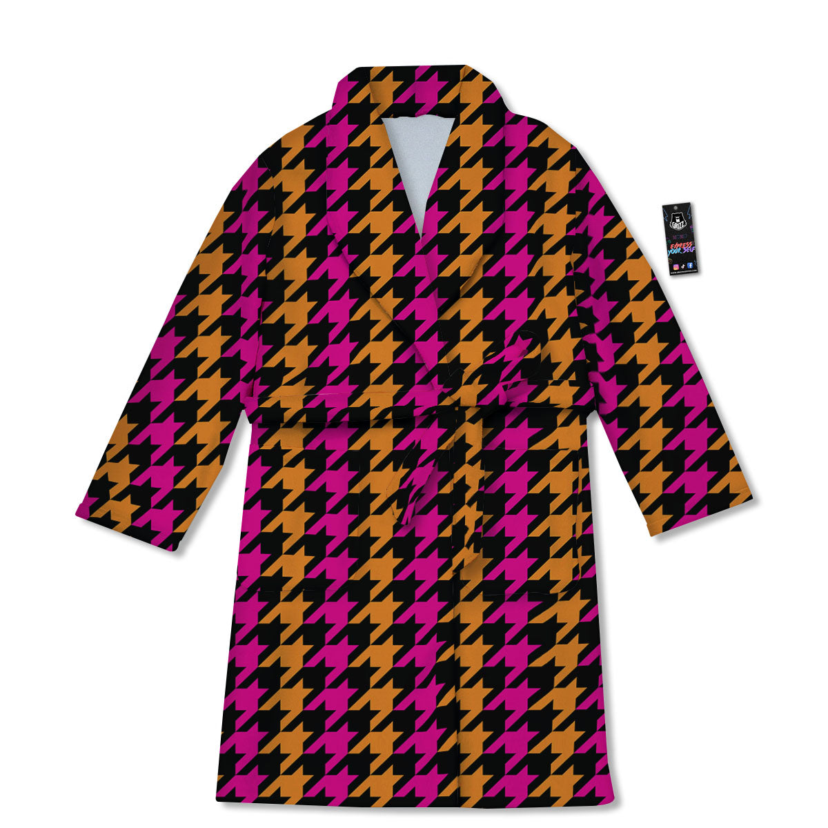 Pink Orange And Black Houndstooth Print Bathrobe-grizzshop