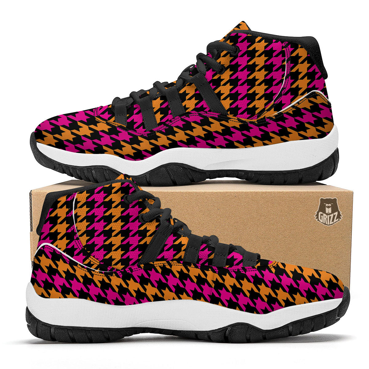 Pink Orange And Black Houndstooth Print Black Bball Shoes-grizzshop