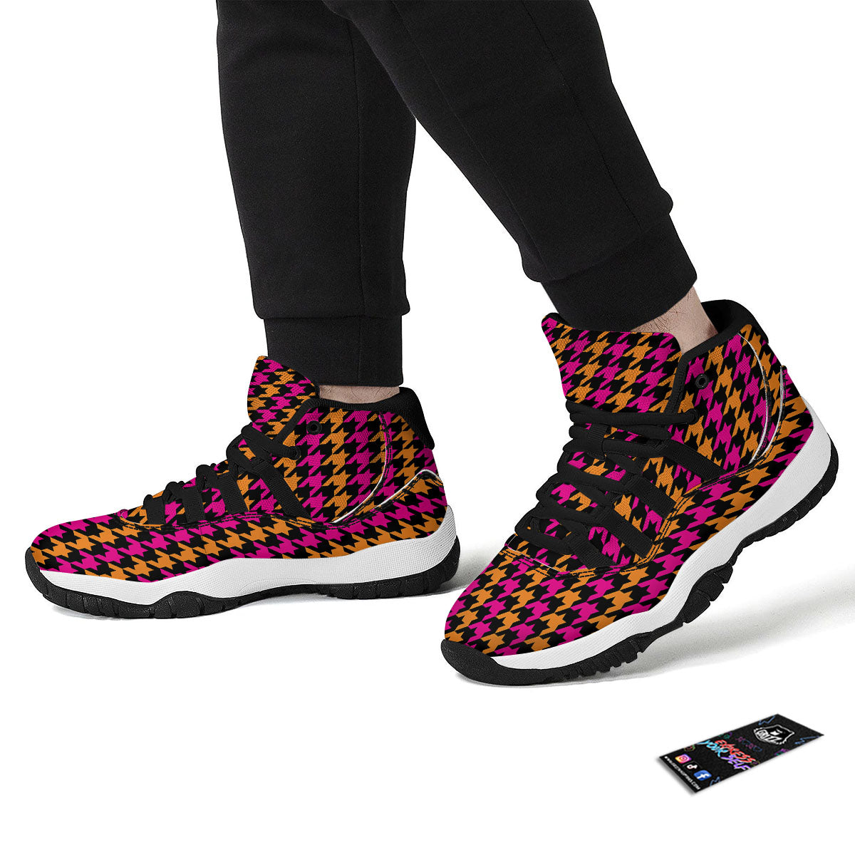 Pink Orange And Black Houndstooth Print Black Bball Shoes-grizzshop