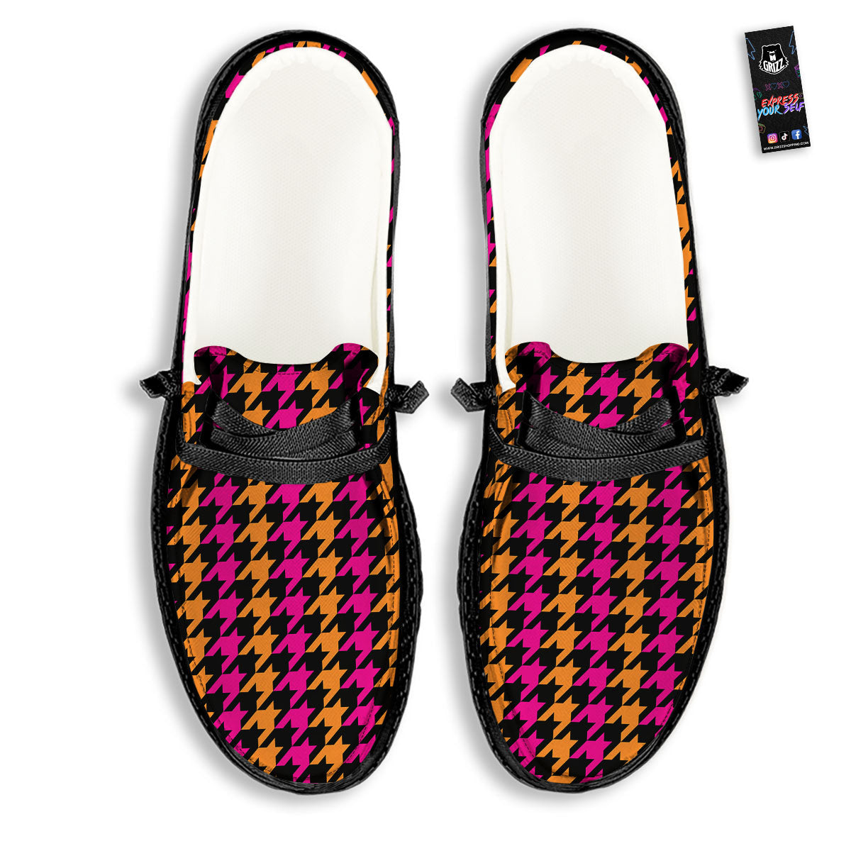 Pink Orange And Black Houndstooth Print Black Loafers-grizzshop