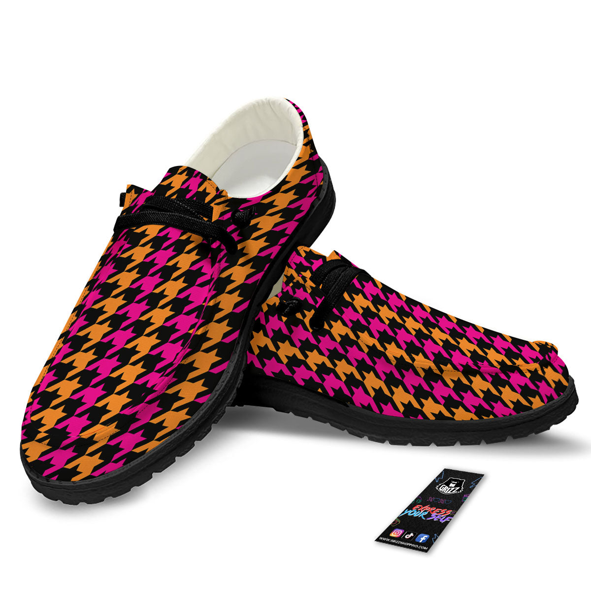 Pink Orange And Black Houndstooth Print Black Loafers-grizzshop