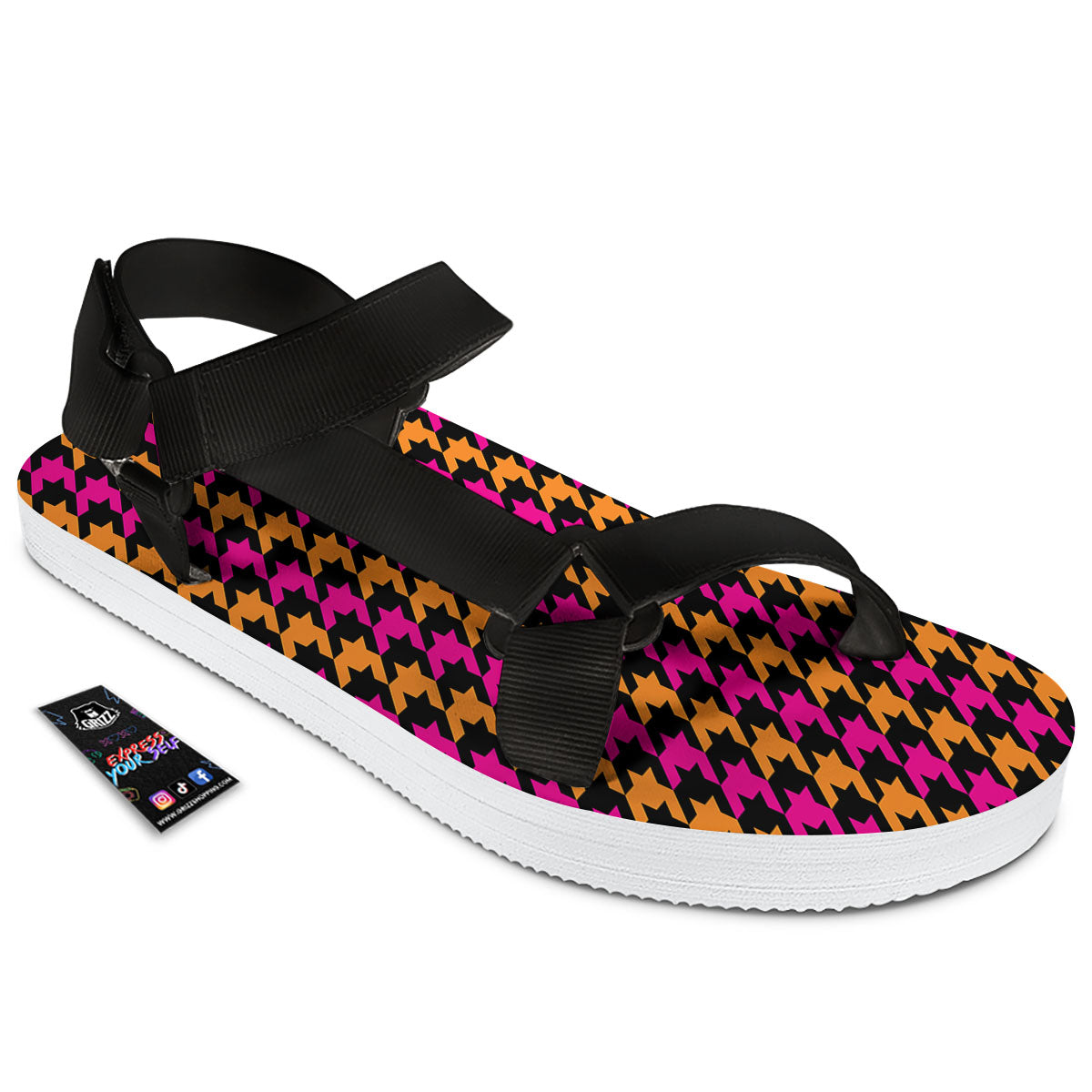 Pink Orange And Black Houndstooth Print Black Open Toe Sandals-grizzshop