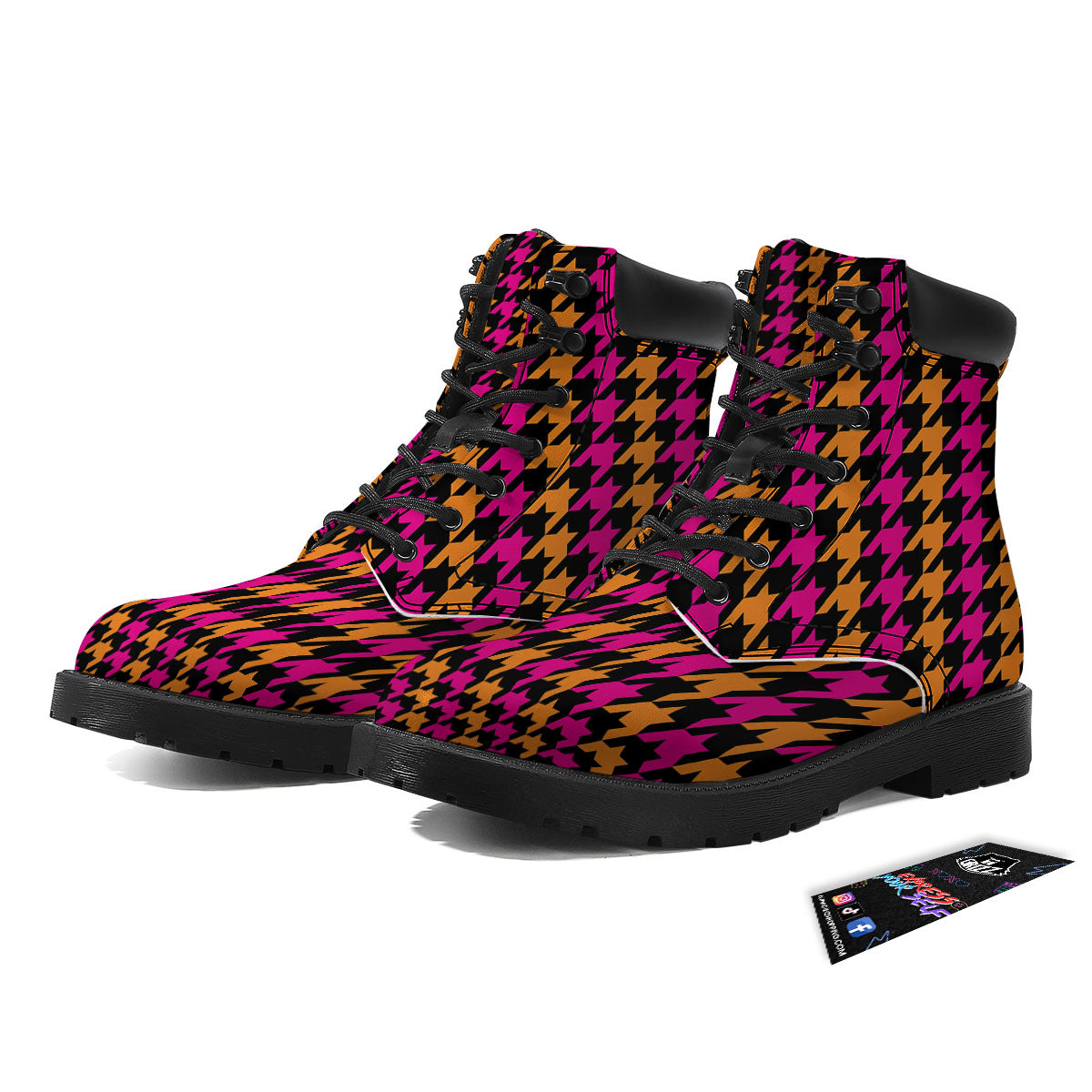Pink Orange And Black Houndstooth Print Boots-grizzshop