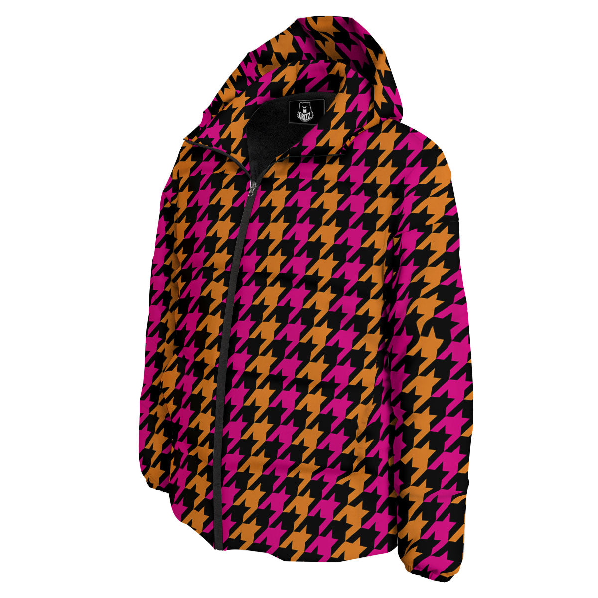 Pink Orange And Black Houndstooth Print Down Jacket-grizzshop