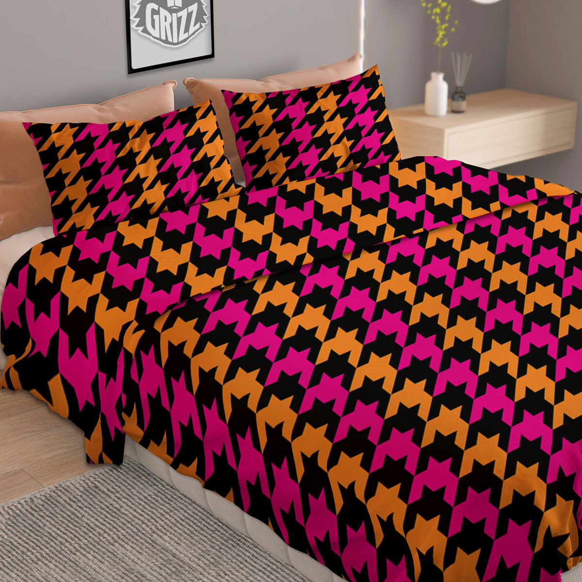 Pink Orange And Black Houndstooth Print Duvet Cover Bedding Set