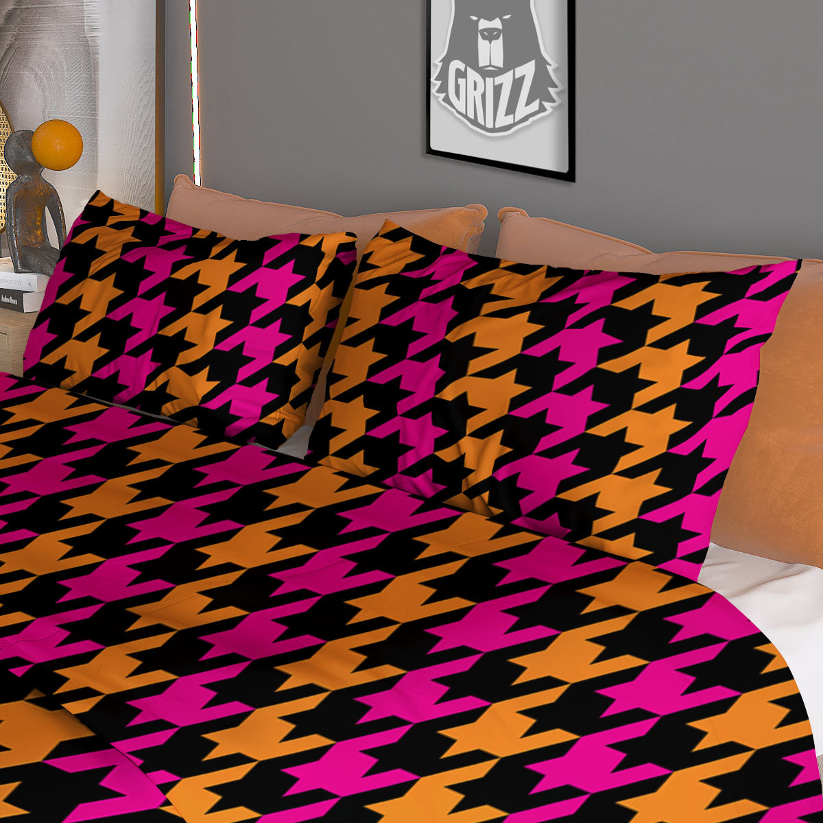 Pink Orange And Black Houndstooth Print Duvet Cover Bedding Set