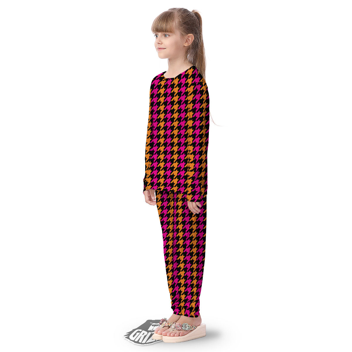 Pink Orange And Black Houndstooth Print Kid's Pajamas-grizzshop