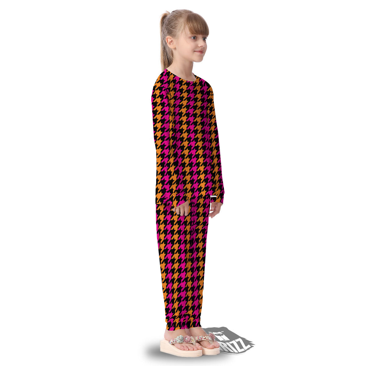Pink Orange And Black Houndstooth Print Kid's Pajamas-grizzshop