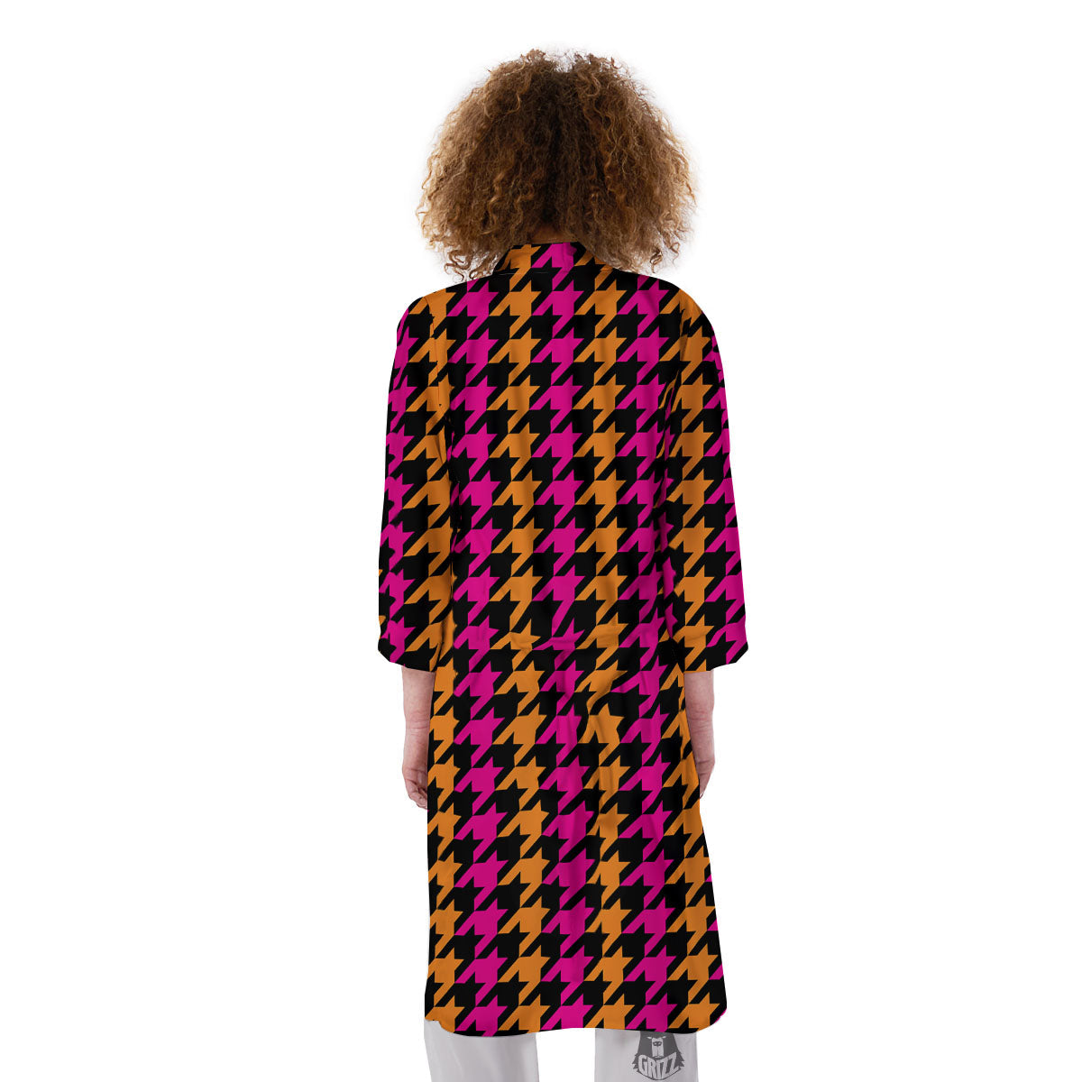 Pink Orange And Black Houndstooth Print Kimono-grizzshop