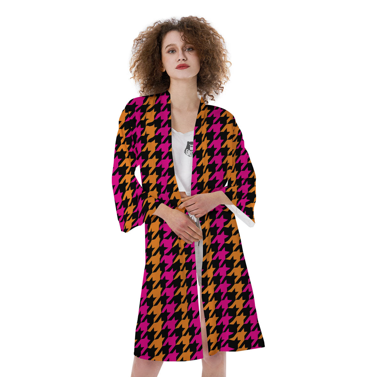 Pink Orange And Black Houndstooth Print Kimono-grizzshop
