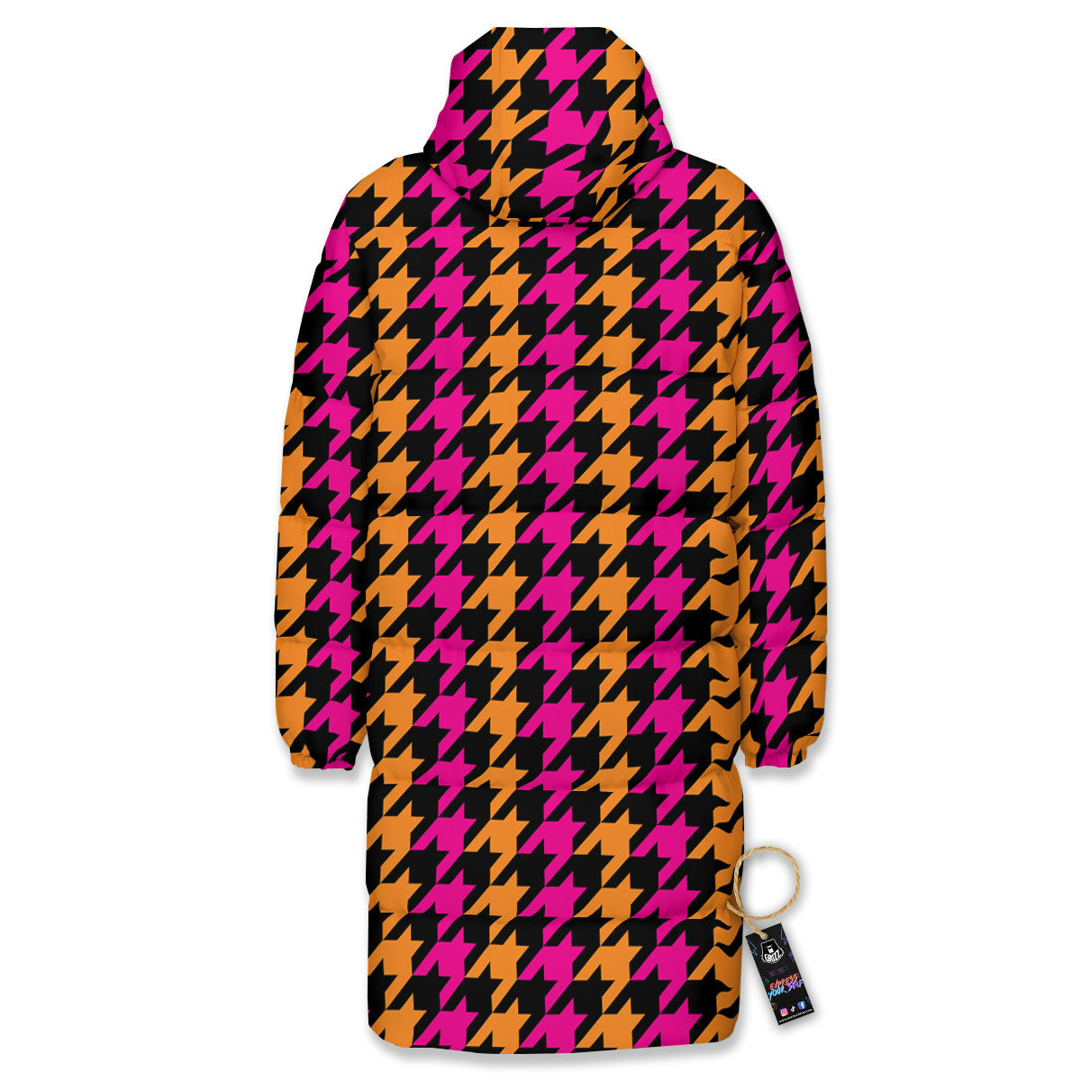 Pink Orange And Black Houndstooth Print Long Down Jacket-grizzshop