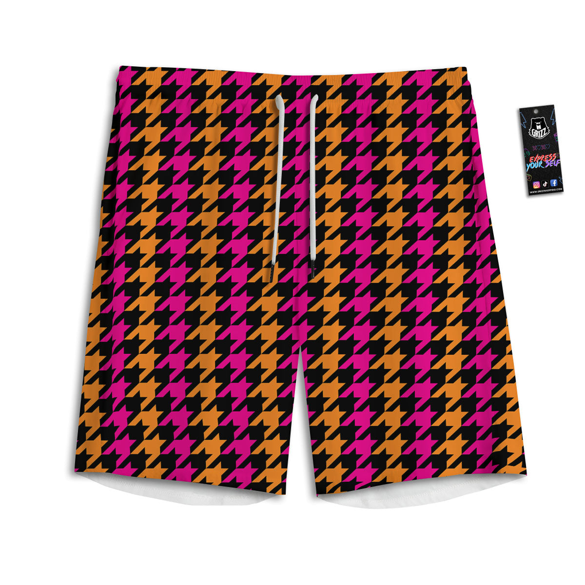 Pink Orange And Black Houndstooth Print Men's Athletic Shorts