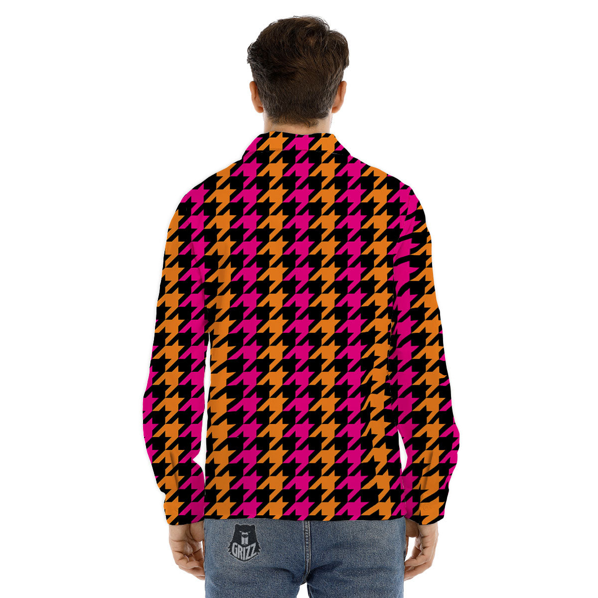 Pink Orange And Black Houndstooth Print Men's Dress Shirts-grizzshop