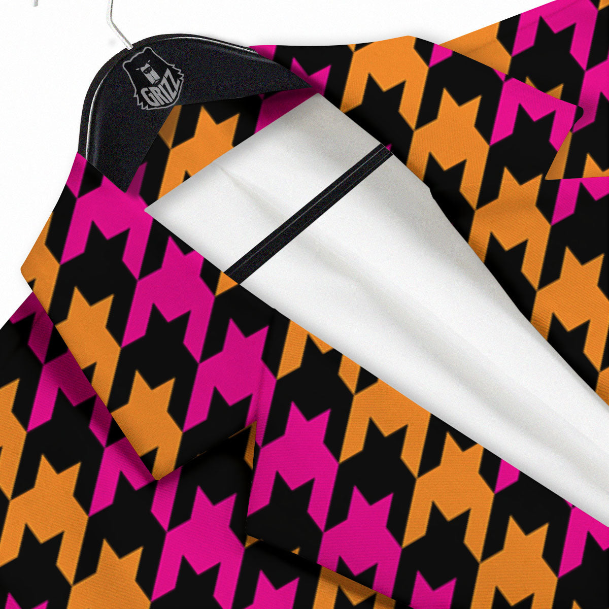 Pink Orange And Black Houndstooth Print Men's Sport Coat-grizzshop