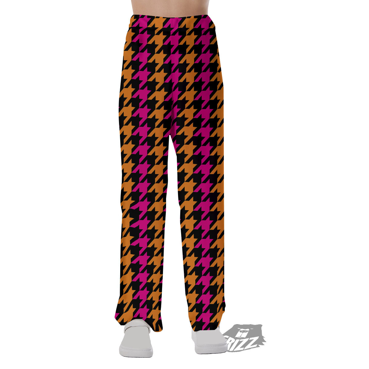 Pink Orange And Black Houndstooth Print Pajama Pants-grizzshop