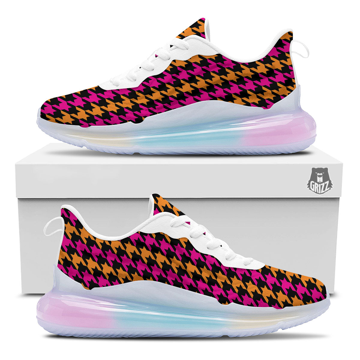 Pink Orange And Black Houndstooth Print Running Sneakers-grizzshop