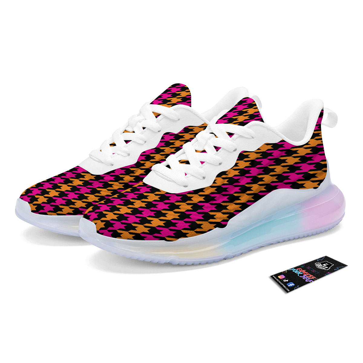 Pink Orange And Black Houndstooth Print Running Sneakers-grizzshop