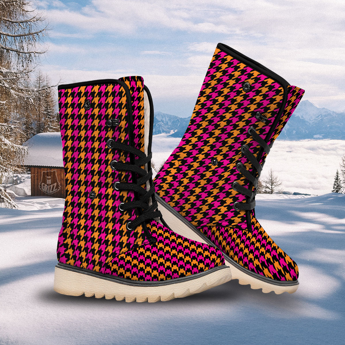 Pink Orange And Black Houndstooth Print Snow Boots-grizzshop