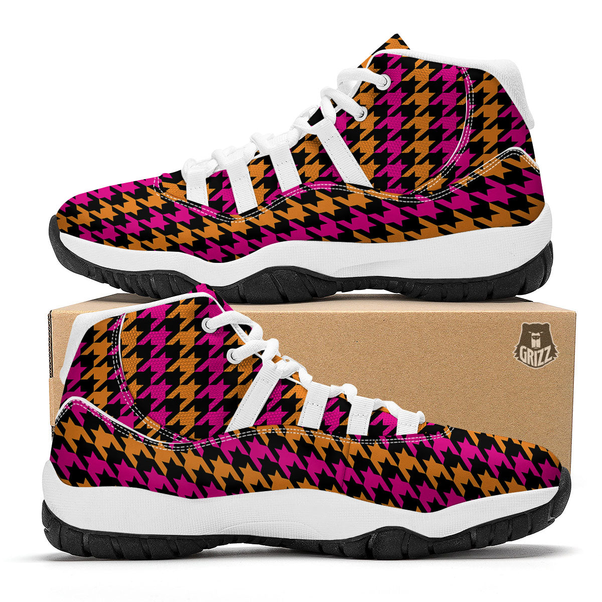 Pink Orange And Black Houndstooth Print White Bball Shoes-grizzshop