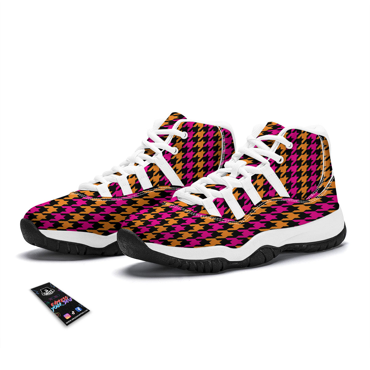 Pink Orange And Black Houndstooth Print White Bball Shoes-grizzshop