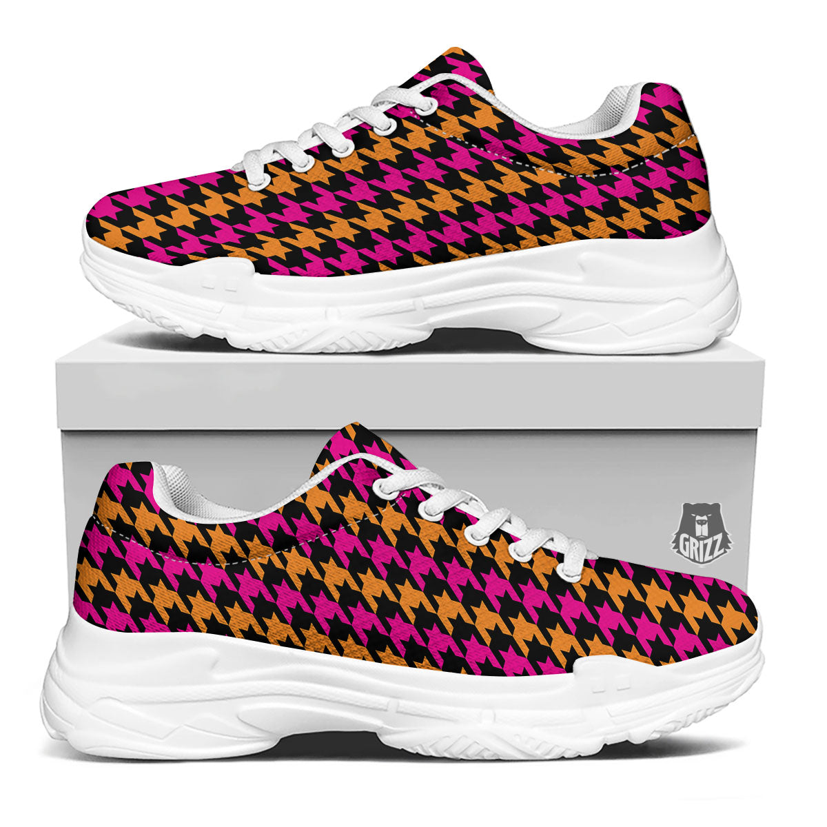 Pink Orange And Black Houndstooth Print White Chunky Shoes-grizzshop