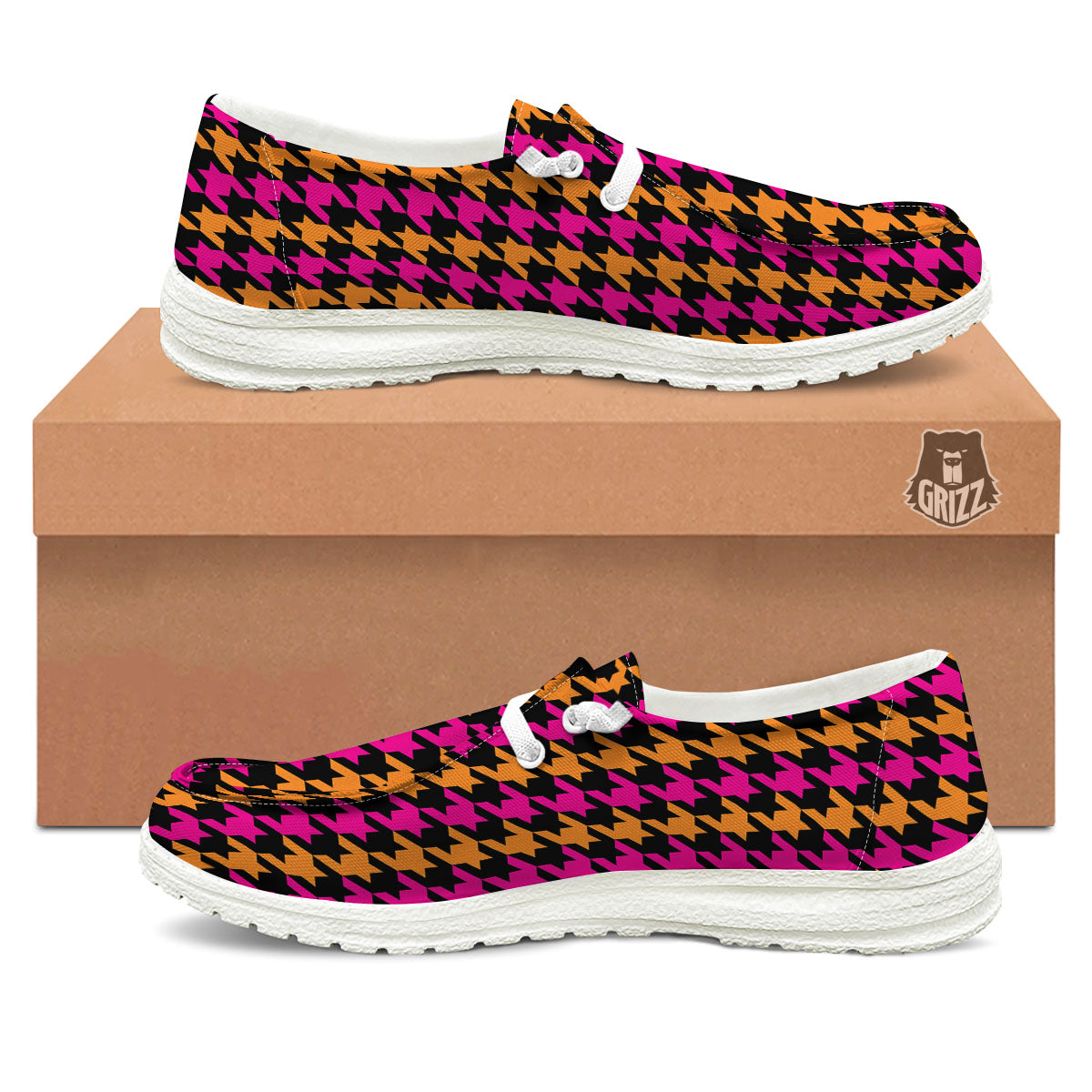 Pink Orange And Black Houndstooth Print White Loafers-grizzshop
