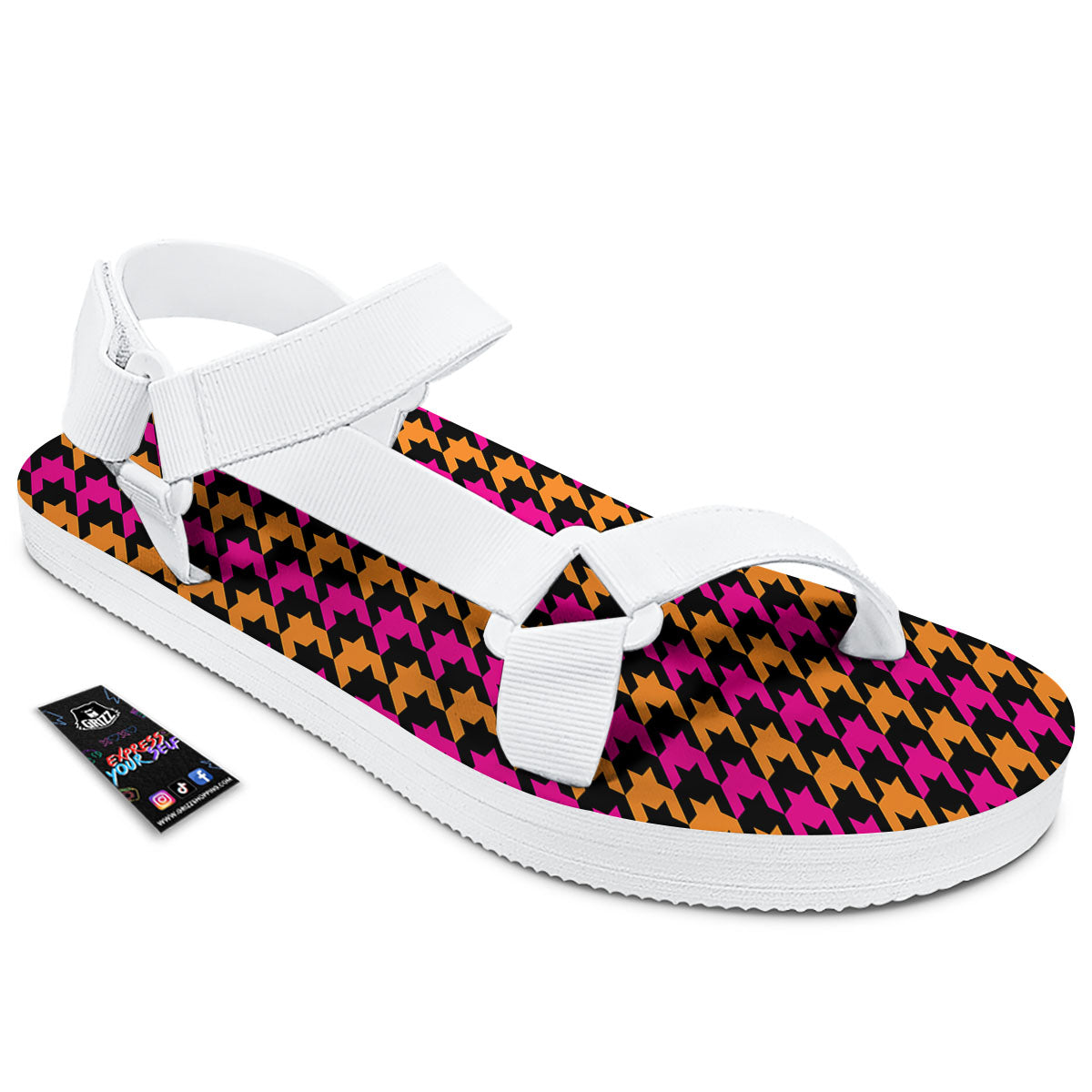 Pink Orange And Black Houndstooth Print White Open Toe Sandals-grizzshop