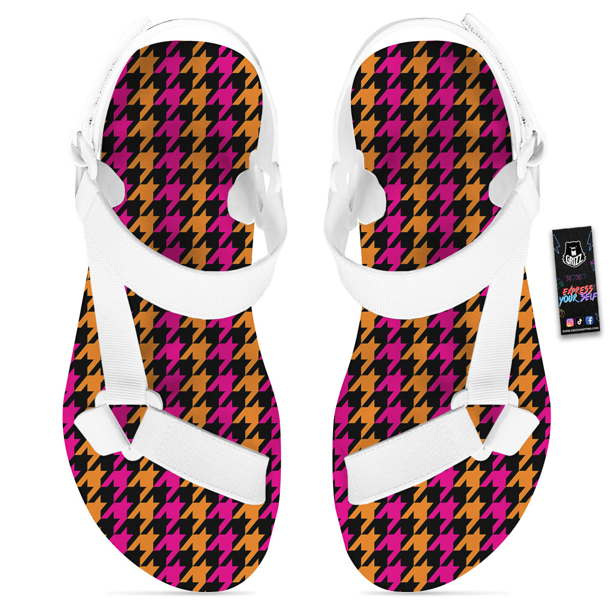 Pink Orange And Black Houndstooth Print White Open Toe Sandals-grizzshop