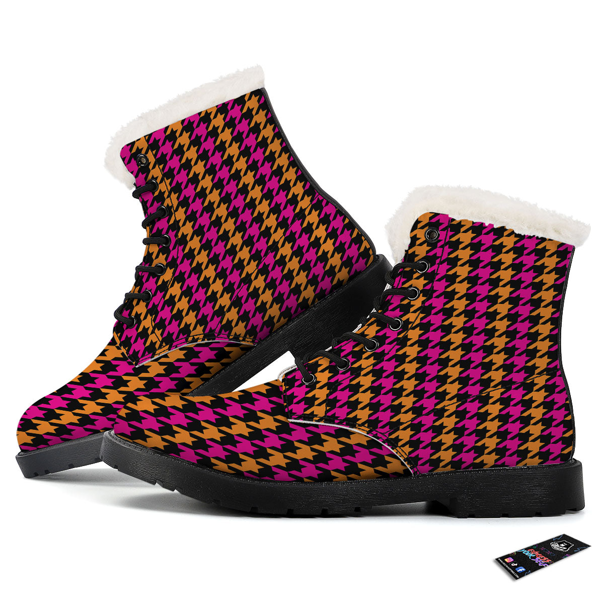 Pink Orange And Black Houndstooth Print Winter Boots-grizzshop