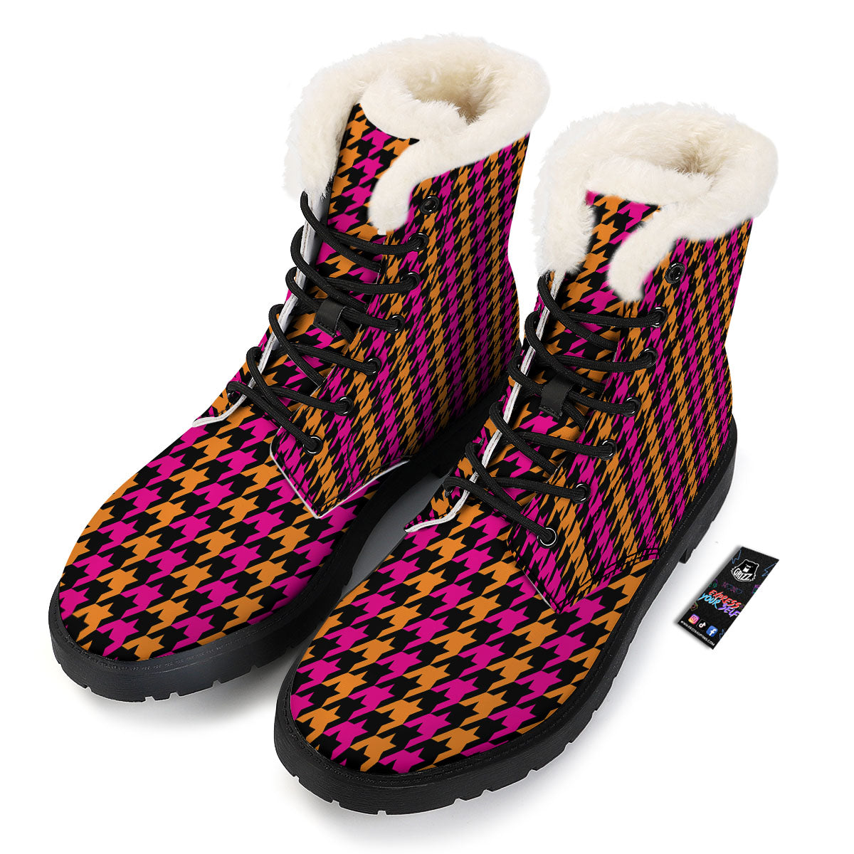 Pink Orange And Black Houndstooth Print Winter Boots-grizzshop