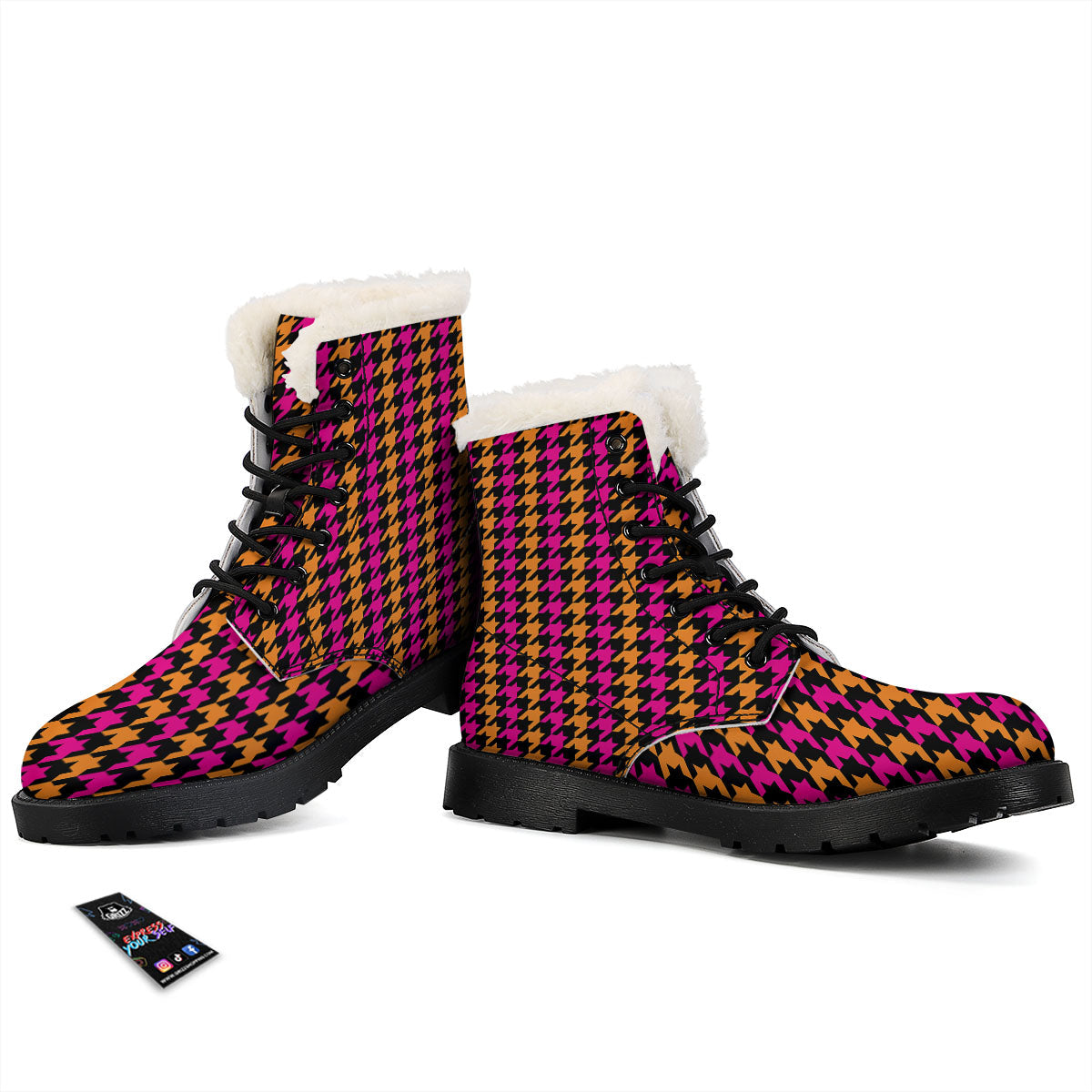 Pink Orange And Black Houndstooth Print Winter Boots-grizzshop
