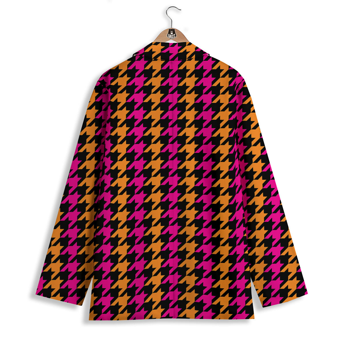 Pink Orange And Black Houndstooth Print Women's Blazer-grizzshop
