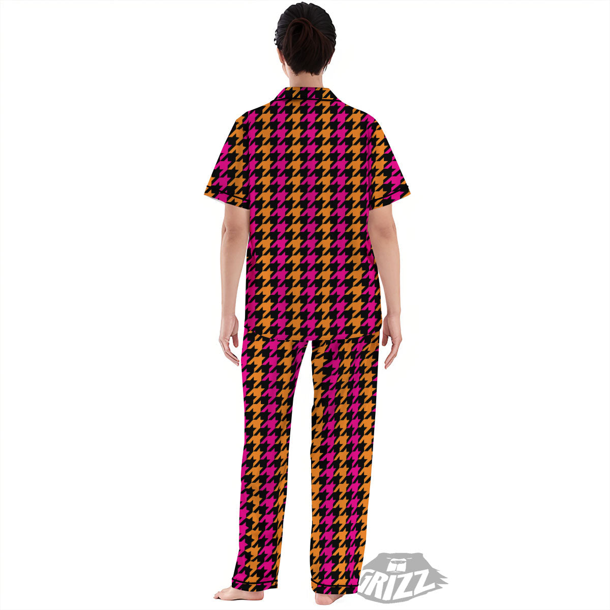 Pink Orange And Black Houndstooth Print Women's Pajamas Set-grizzshop