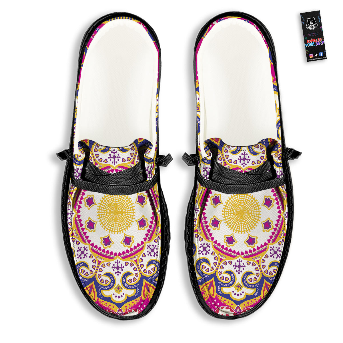Pink Paisley And Mandala Print Black Loafers-grizzshop