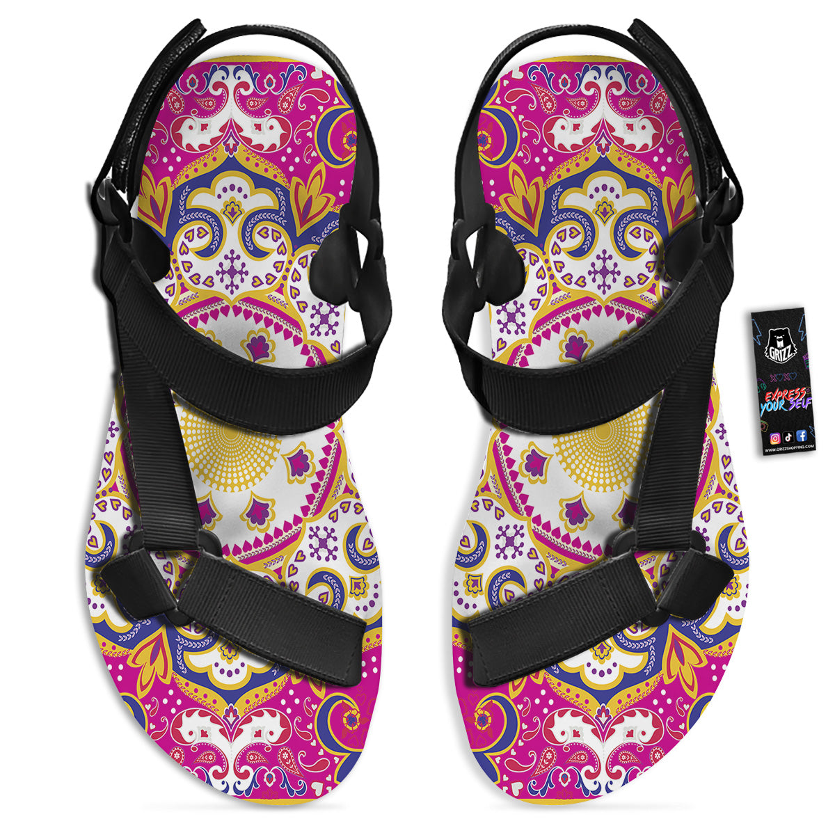 Pink Paisley And Mandala Print Black Open Toe Sandals-grizzshop