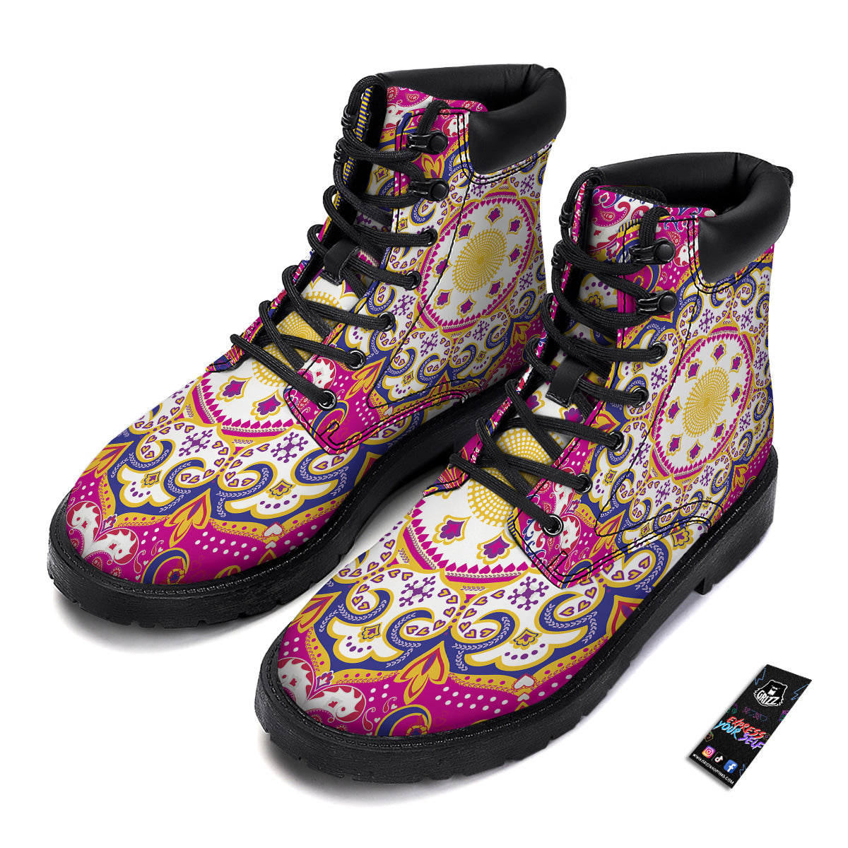 Pink Paisley And Mandala Print Boots-grizzshop