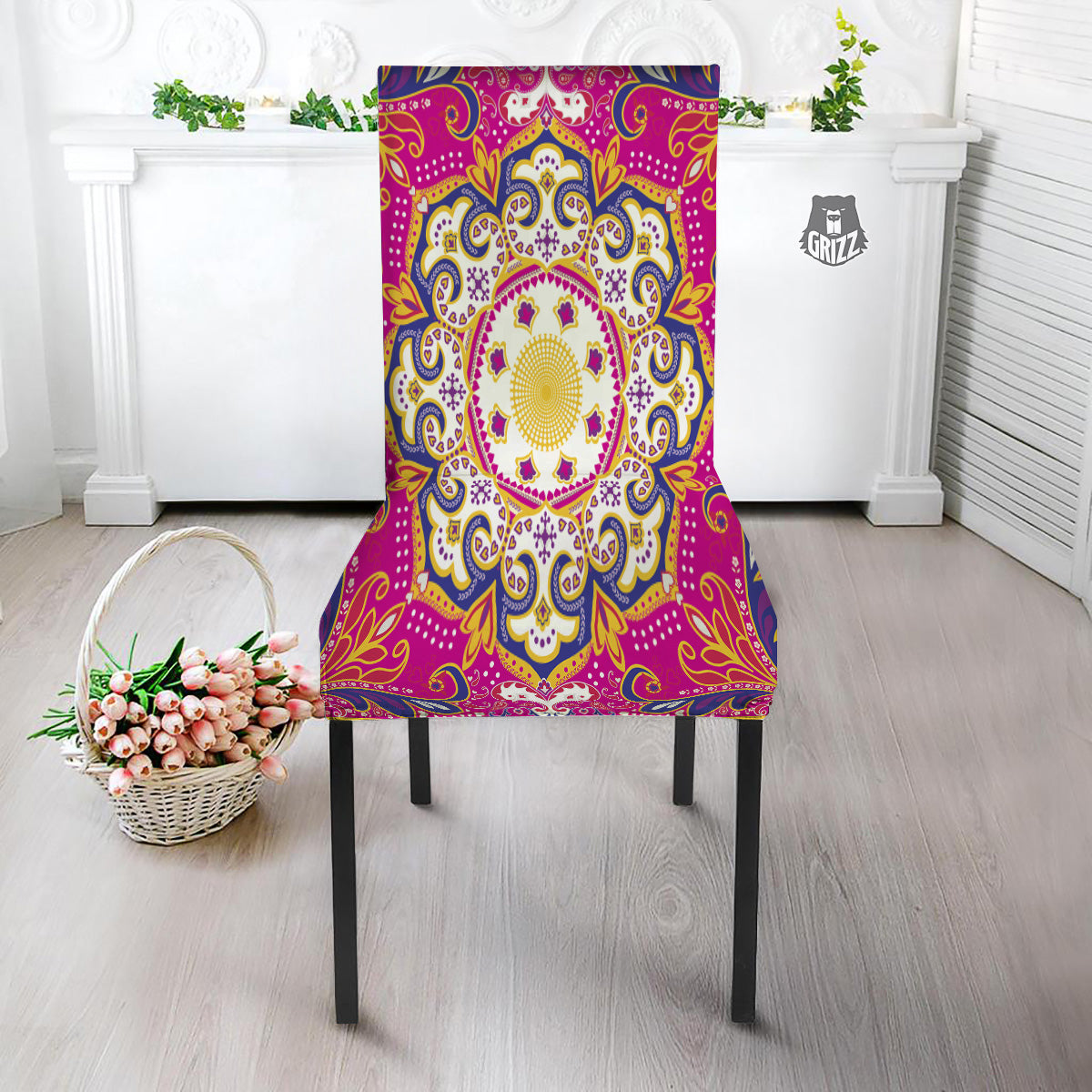 Pink Paisley And Mandala Print Dining Chair Slipcover-grizzshop