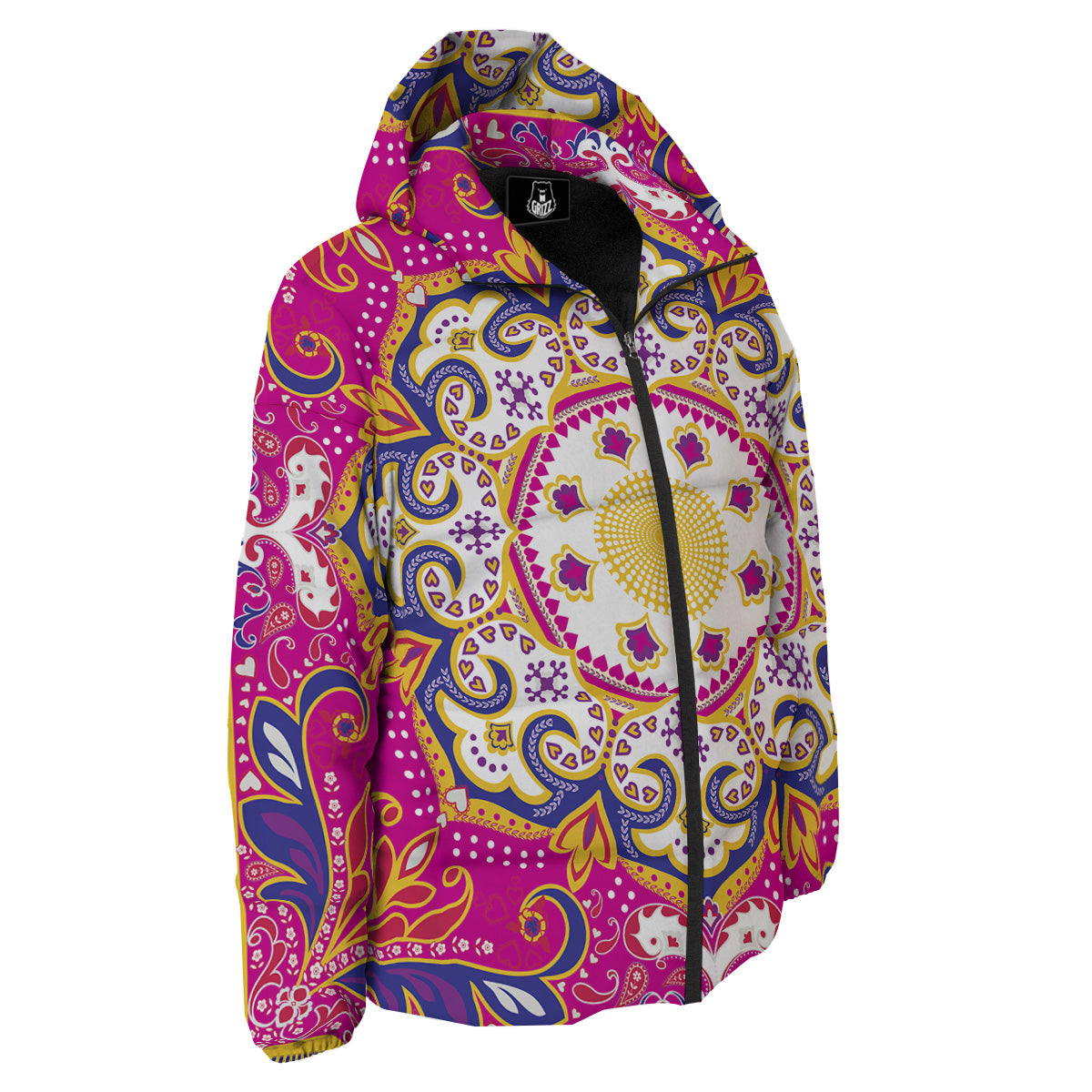 Pink Paisley And Mandala Print Down Jacket-grizzshop