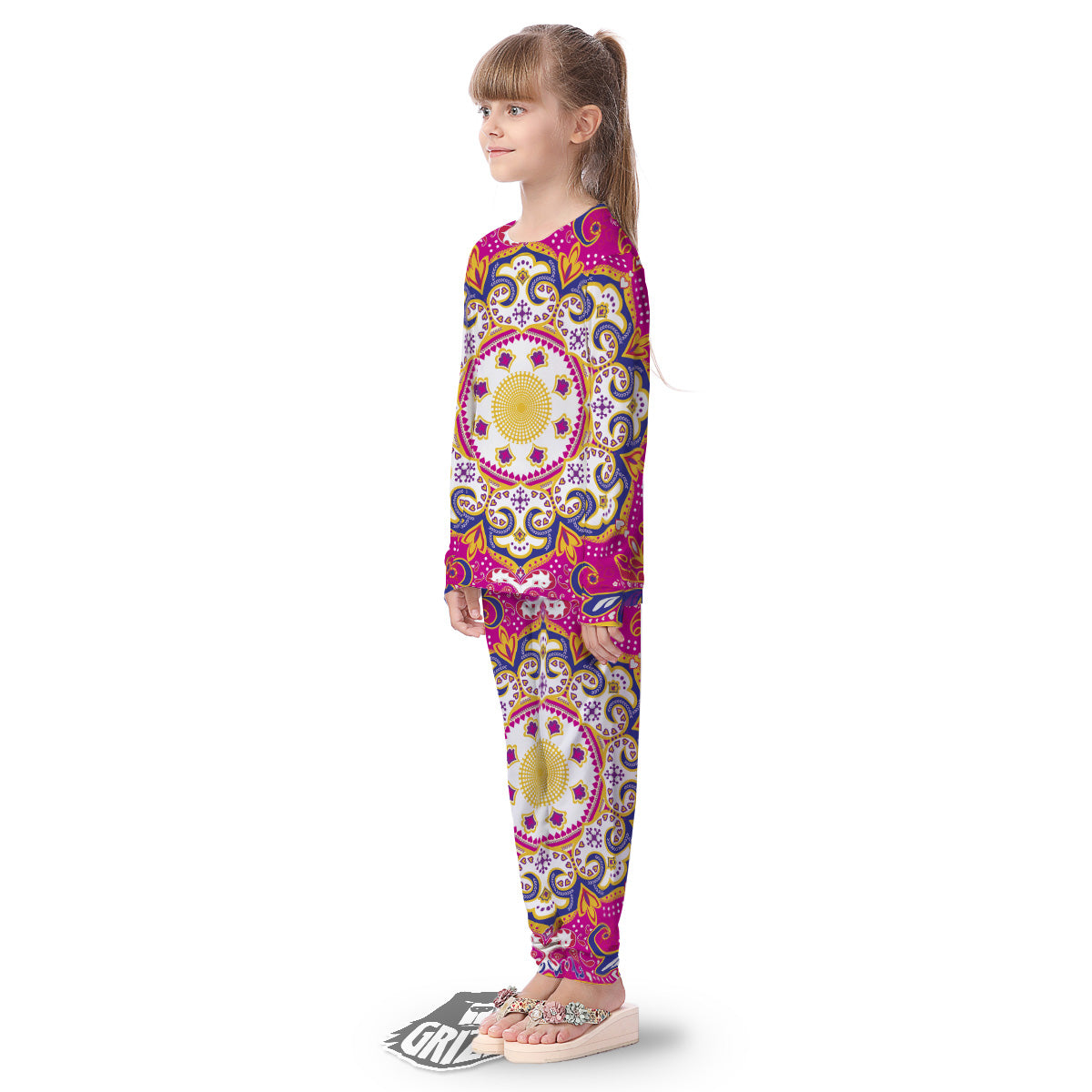 Pink Paisley And Mandala Print Kid's Pajamas-grizzshop