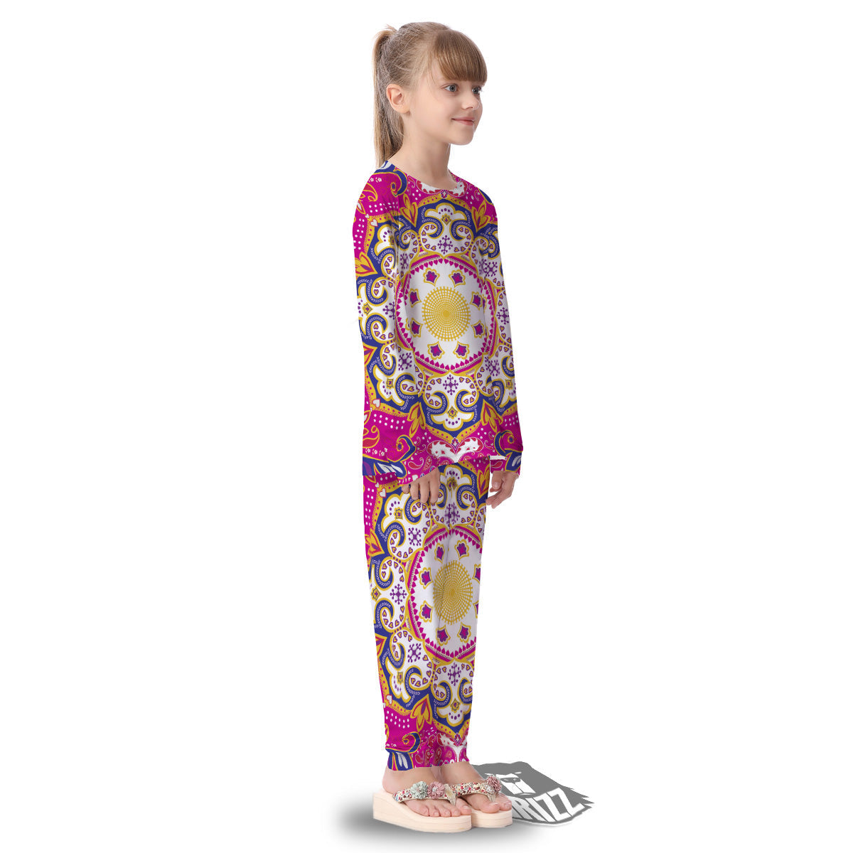Pink Paisley And Mandala Print Kid's Pajamas-grizzshop