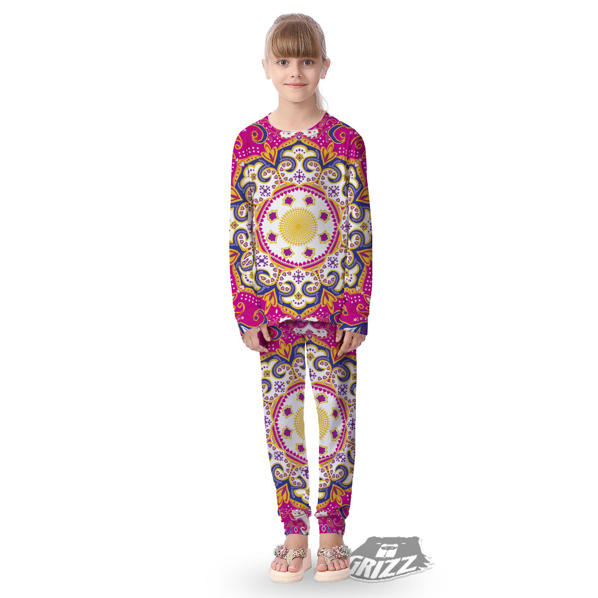 Pink Paisley And Mandala Print Kid's Pajamas-grizzshop