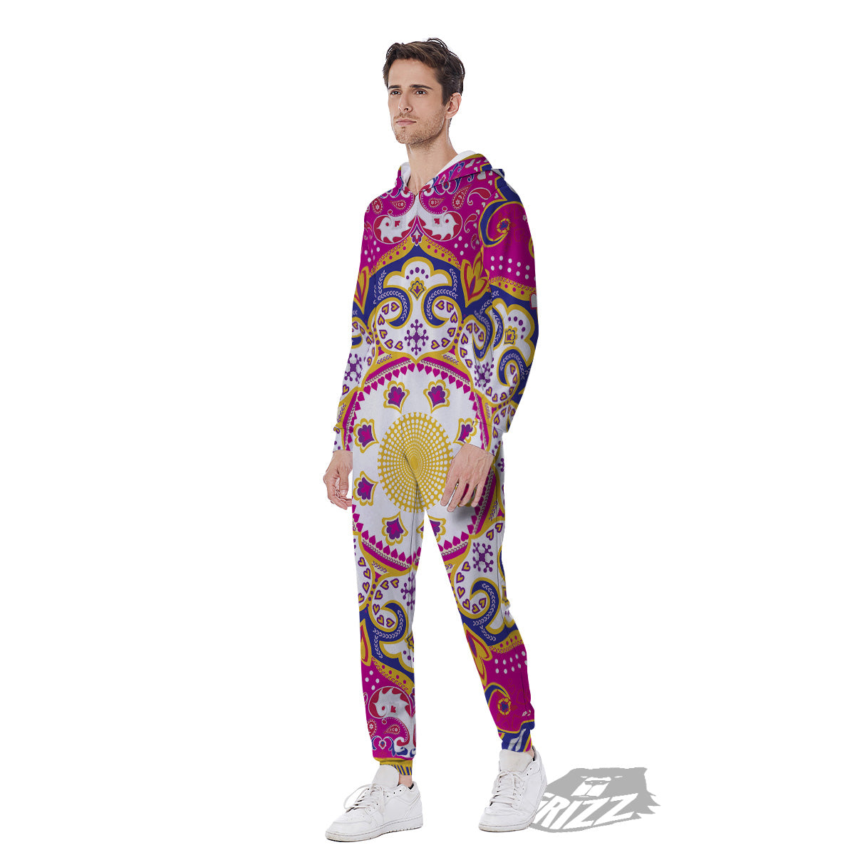 Pink Paisley And Mandala Print Men's Jumpsuit-grizzshop