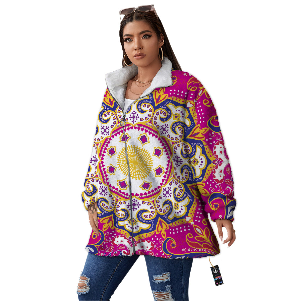 Pink Paisley And Mandala Print Women's Sherpa Jacket-grizzshop