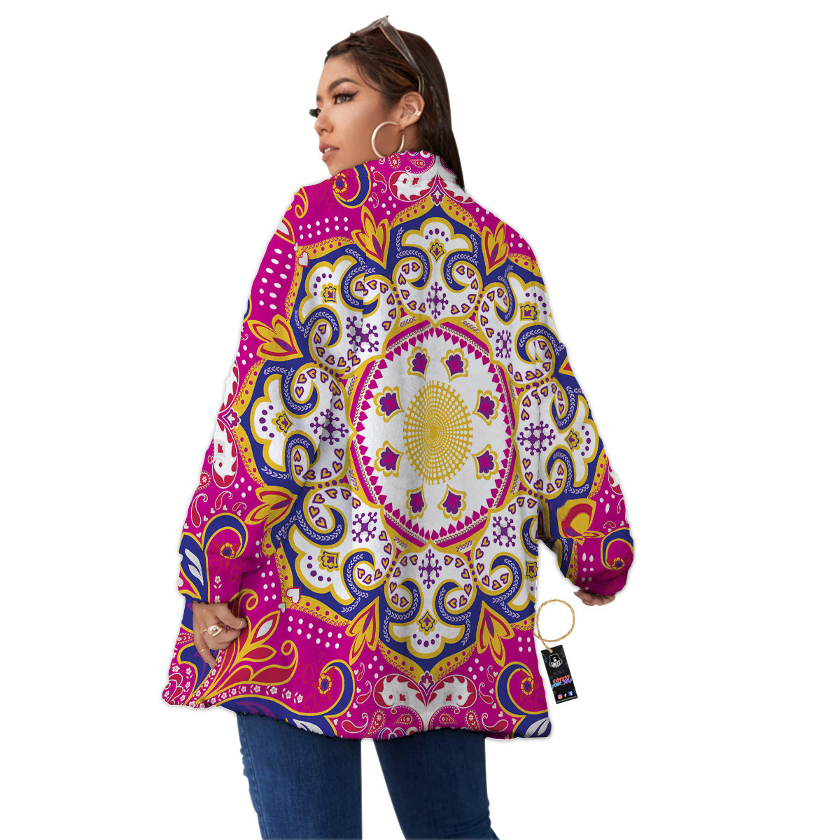 Pink Paisley And Mandala Print Women's Sherpa Jacket-grizzshop