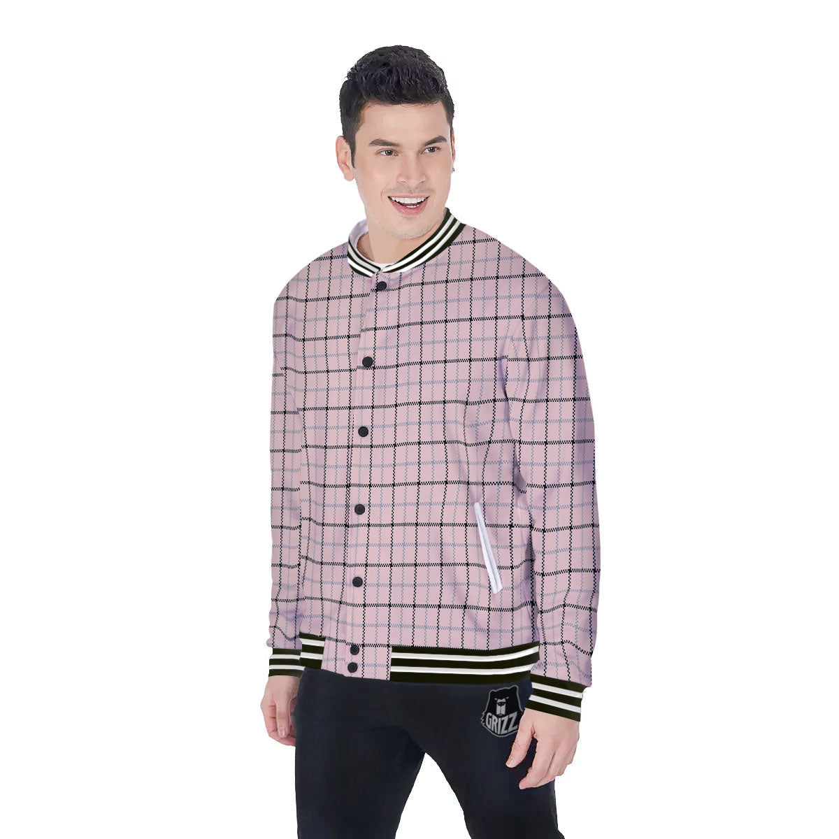 Pink Pastel And Black Tattersall Print Baseball Jacket-grizzshop