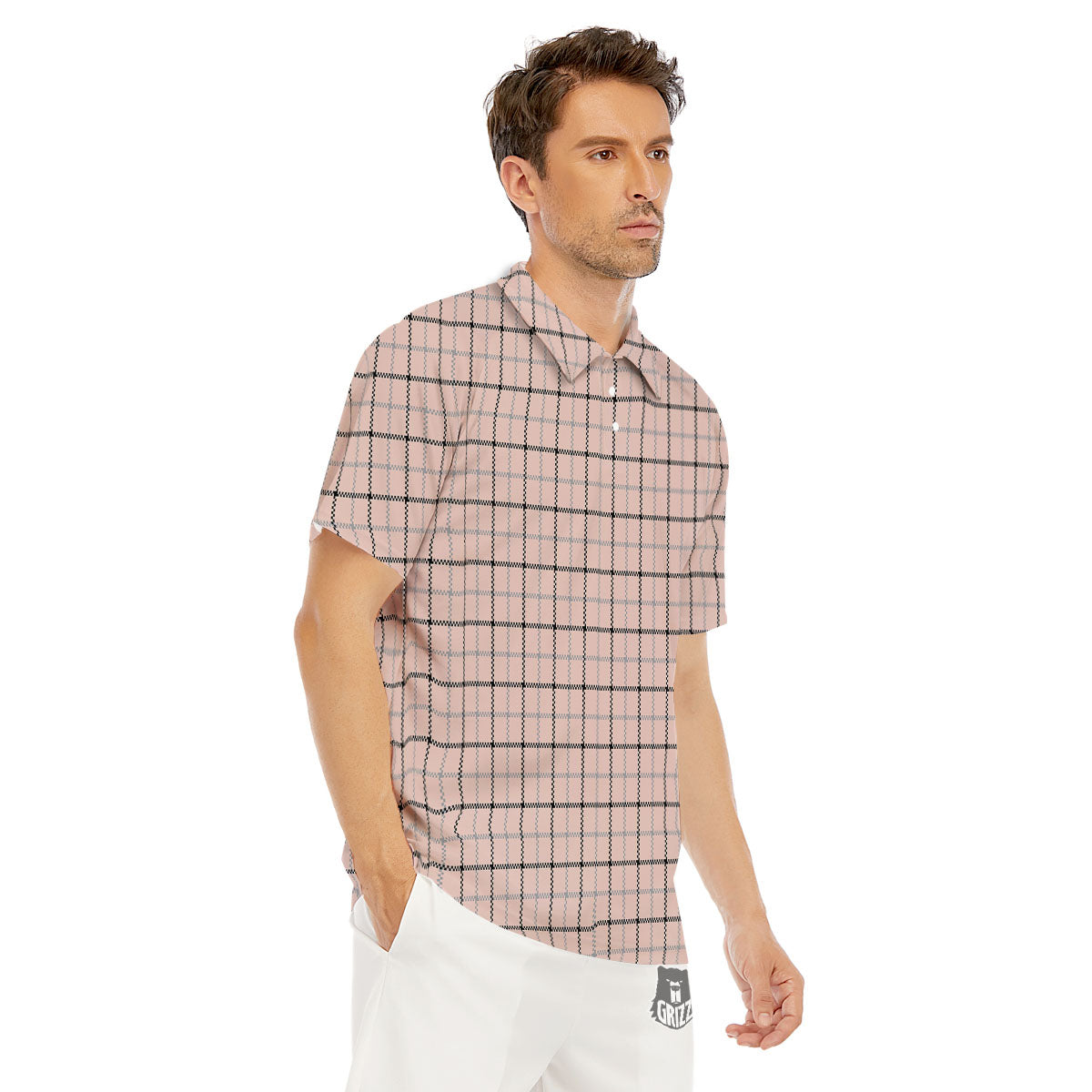 Pink Pastel And Black Tattersall Print Men's Golf Shirts-grizzshop