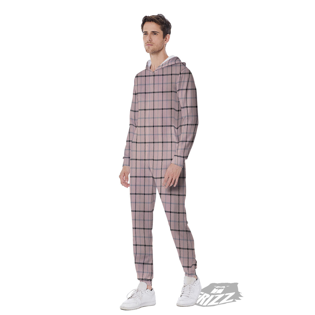Pink Pastel And Black Tattersall Print Men's Jumpsuit-grizzshop