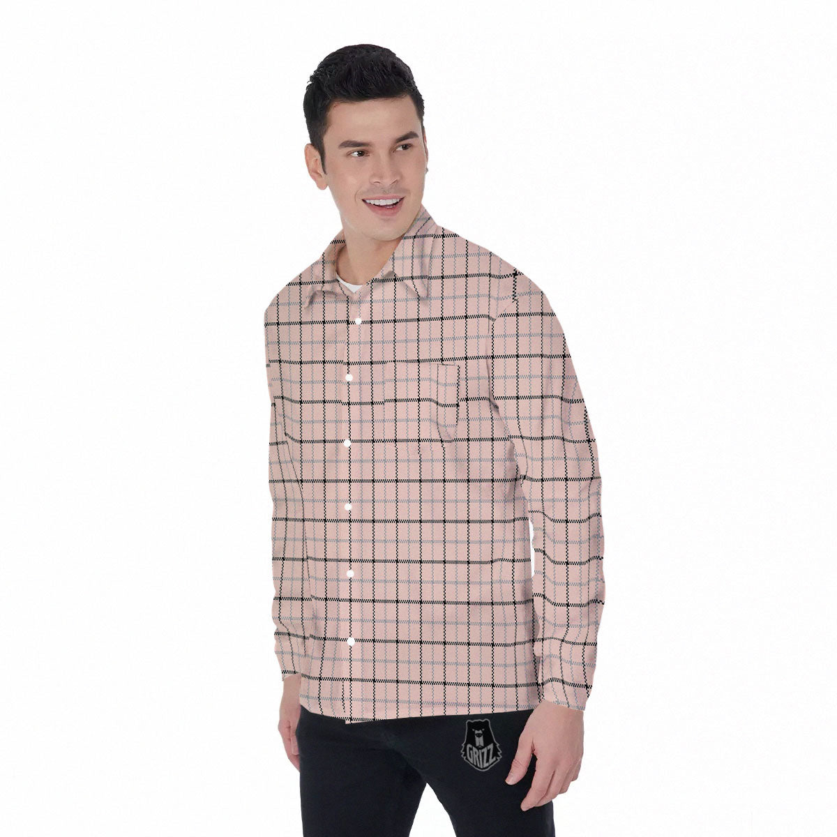 Pink Pastel And Black Tattersall Print Men's Long Sleeve Shirts-grizzshop