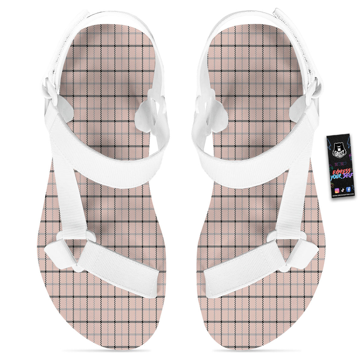 Pink Pastel And Black Tattersall Print White Open Toe Sandals-grizzshop