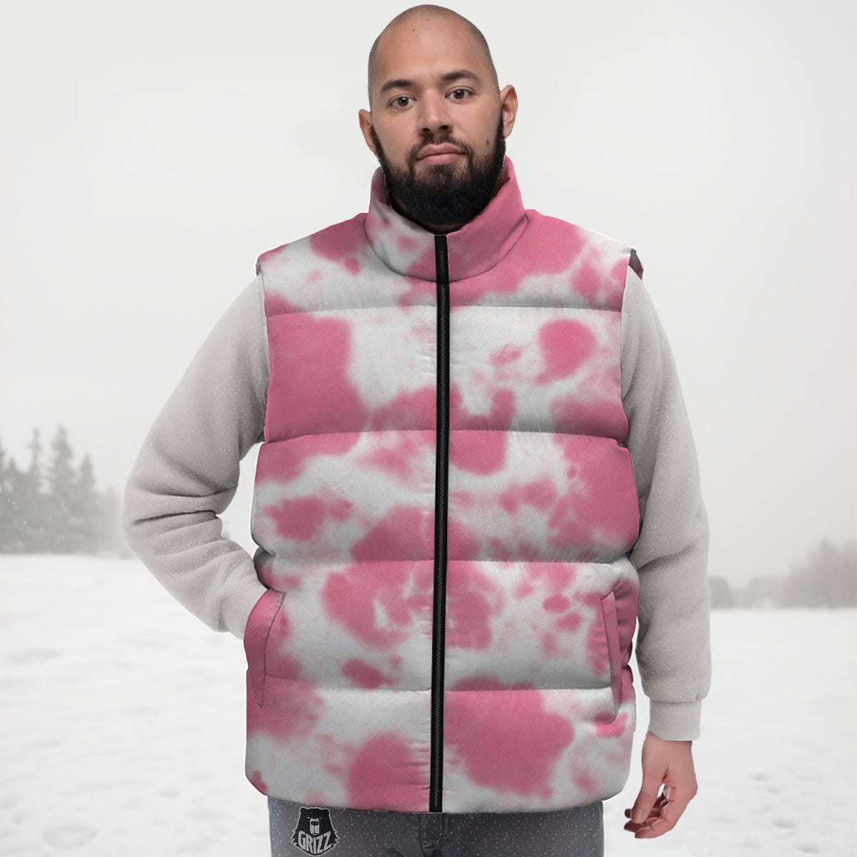 Pink Pastel And White Cow Print Down Vest